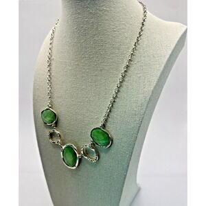 Liz Claiborne Silver Green Cabochons Link Necklace Rhinestone Office Chic Modern